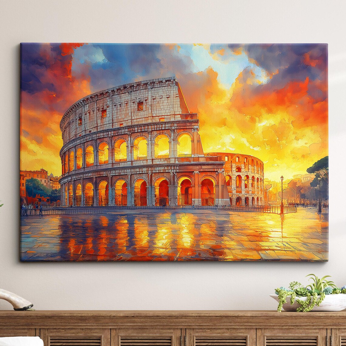 Rome Colosseum Sunset Canvas Painting Golden Hour Light Poster