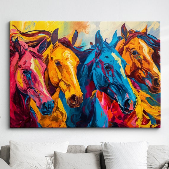 Colorful Horses Animal Abstract Oil Painting Paint Splatter Style Wall Art Framed Canvas Poster Print Home Living Room Decor Fun Horse Gift