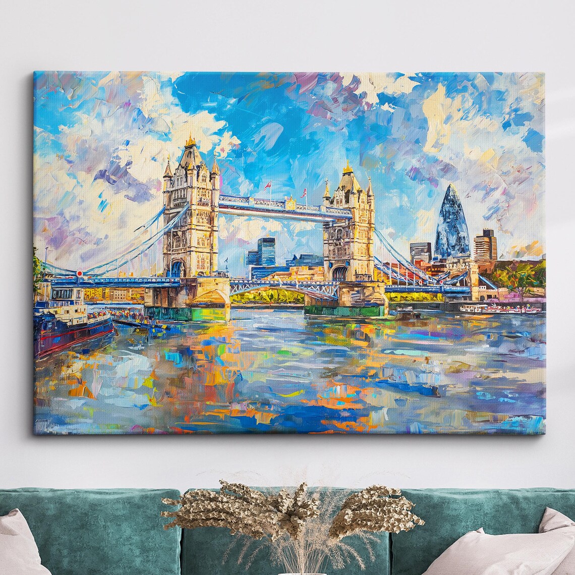 Tower Bridge London Pastel Sky Gherkin Impasto Oil Painting Poster