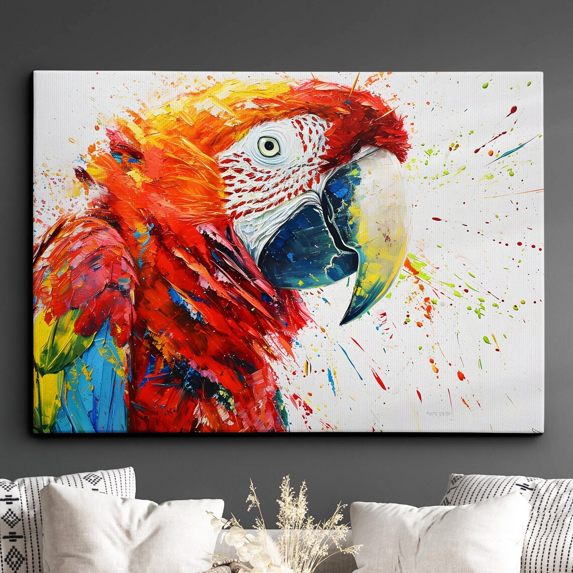 Scarlet Macaw Parrot Close-Up Oil Painting Style Canvas Art Poster