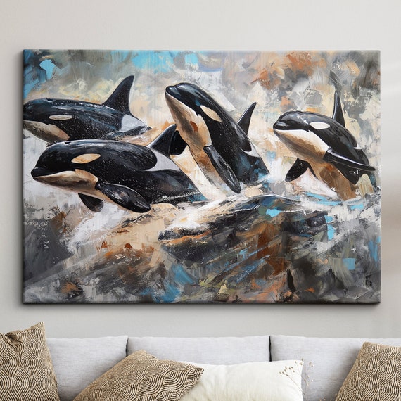 Orcas Whales Animal Abstract Oil Painting Colourful Paint Splatter Style Wall Art Framed Canvas Poster Print Homeoffice Room Decor