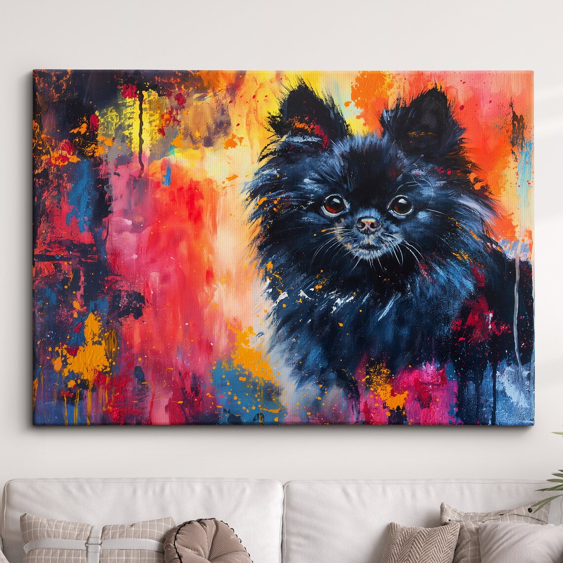Black Pomeranian Face on Multicolor Paint Splatter Art Poster