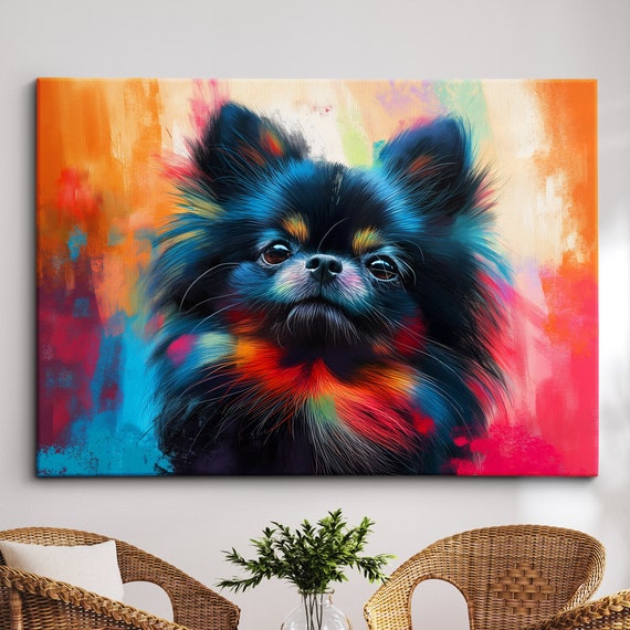 Black Colorful Pomeranian Dog Pet Abstract Modern Oil Painting Wall Art Framed Canvas Poster Print Home Kitchen Office Room Decor Gifts