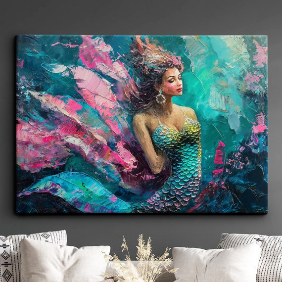 Colorful Murmaid Animal Abstract Oil Painting Paint Splatter Style Wall Art Framed Canvas Poster Print Home Living Room Decor Fun Gift