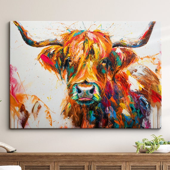 Highland Cow Animal Abstract Oil Painting Colourful Paint Splatter Style Wall Art Framed Canvas Poster Print Home Living Room Decor Gifts
