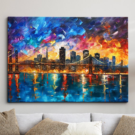 San Francisco City Skyline Painting Modern Abstract Wall Art Framed Canvas Poster Print Homeoffice Room Decor Gifts
