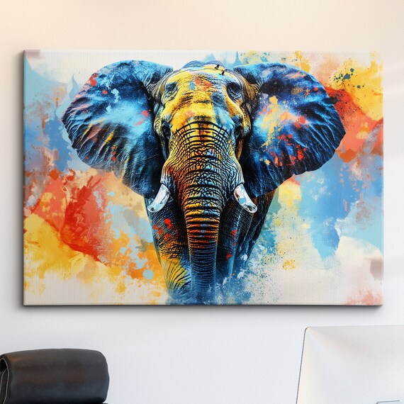 Elephant Animal Abstract Oil Painting Colourful Paint Splatter Style Wall Art Framed Canvas Poster Print Home Living Room Decor Gifts