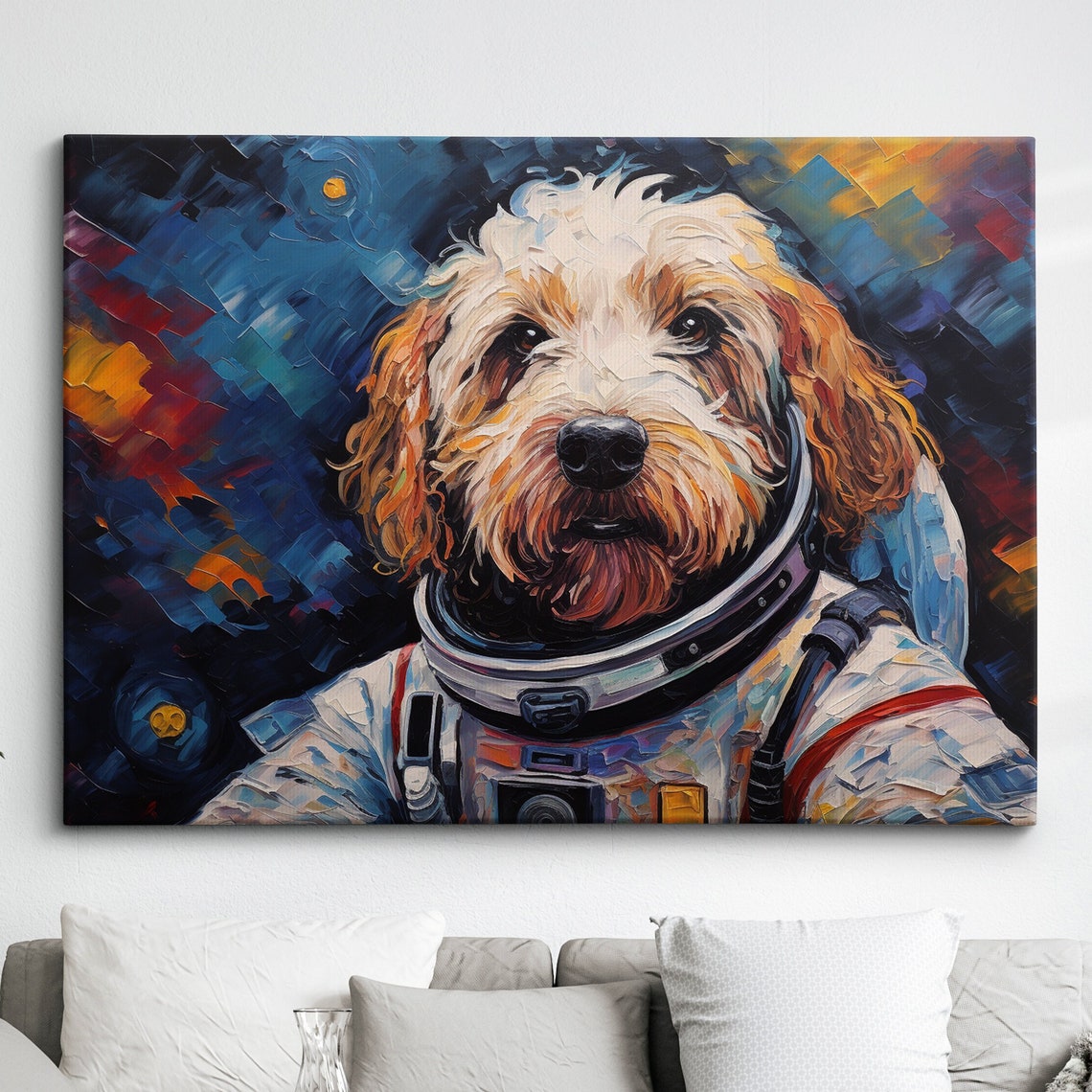Cockapoo Astronaut Dog Pet Abstract Modern Oil Painting Wall Art Framed Canvas Poster Print Home Kitchen Office Room Decor Gifts