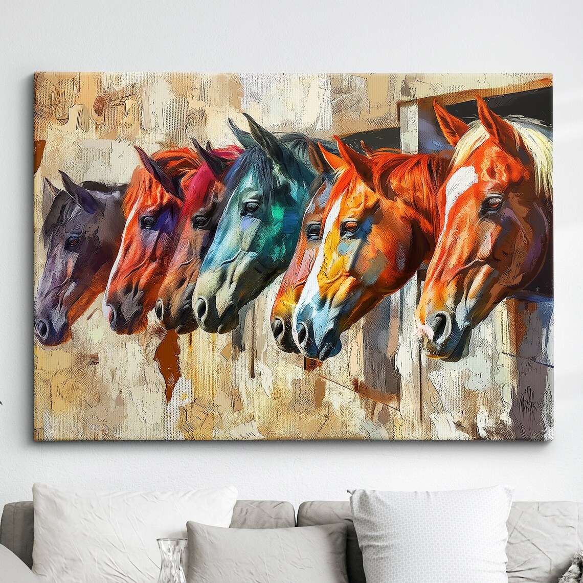 Colorful Horses In Stable Row Abstract Paint Splatter Art Poster