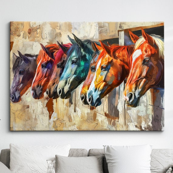 Colorful Horses Animal Abstract Oil Painting Paint Splatter Style Wall Art Framed Canvas Poster Print Home Living Room Decor Fun Horse Gift