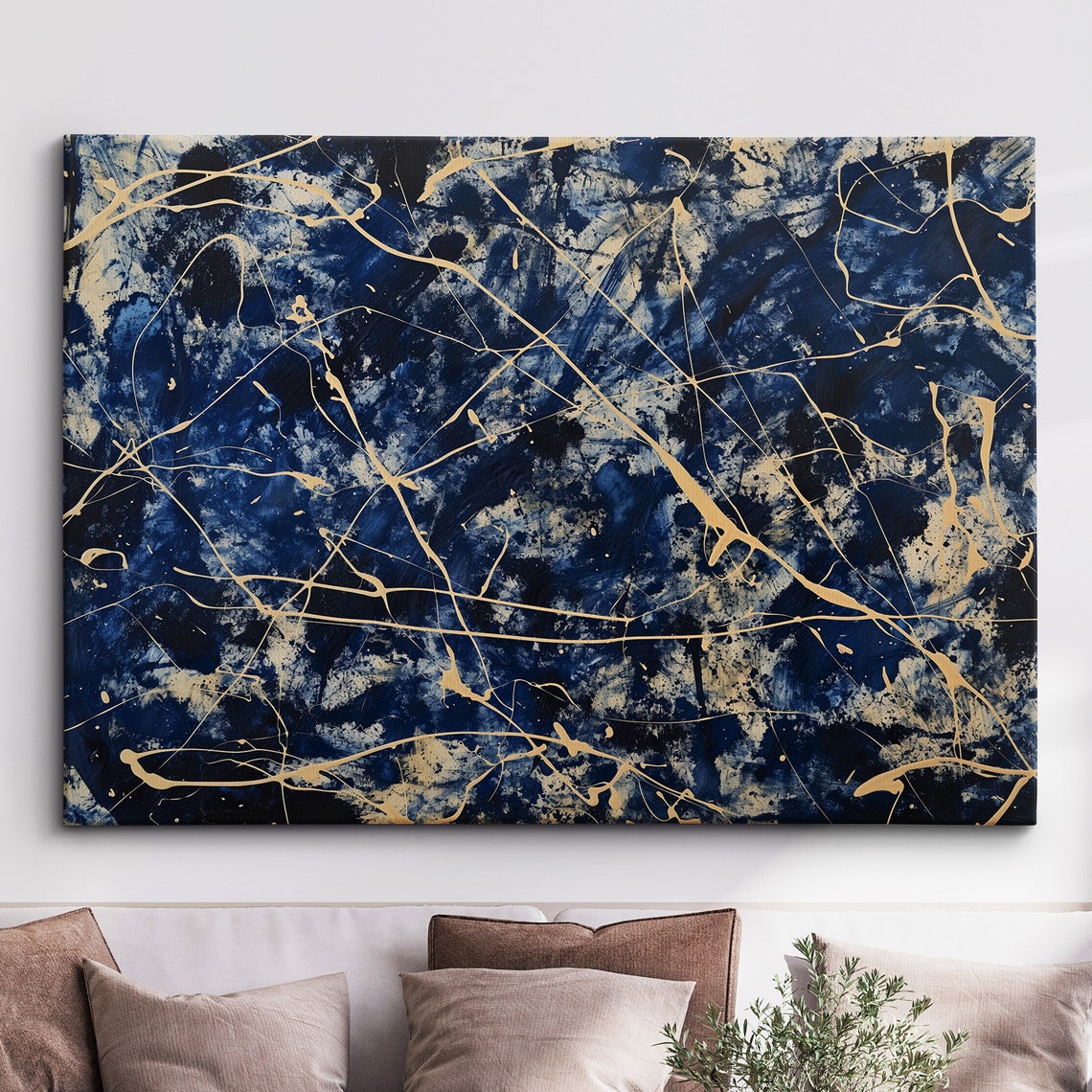 Midnight Navy Blue Gold Abstract Splatter Painting Dark Wall Art