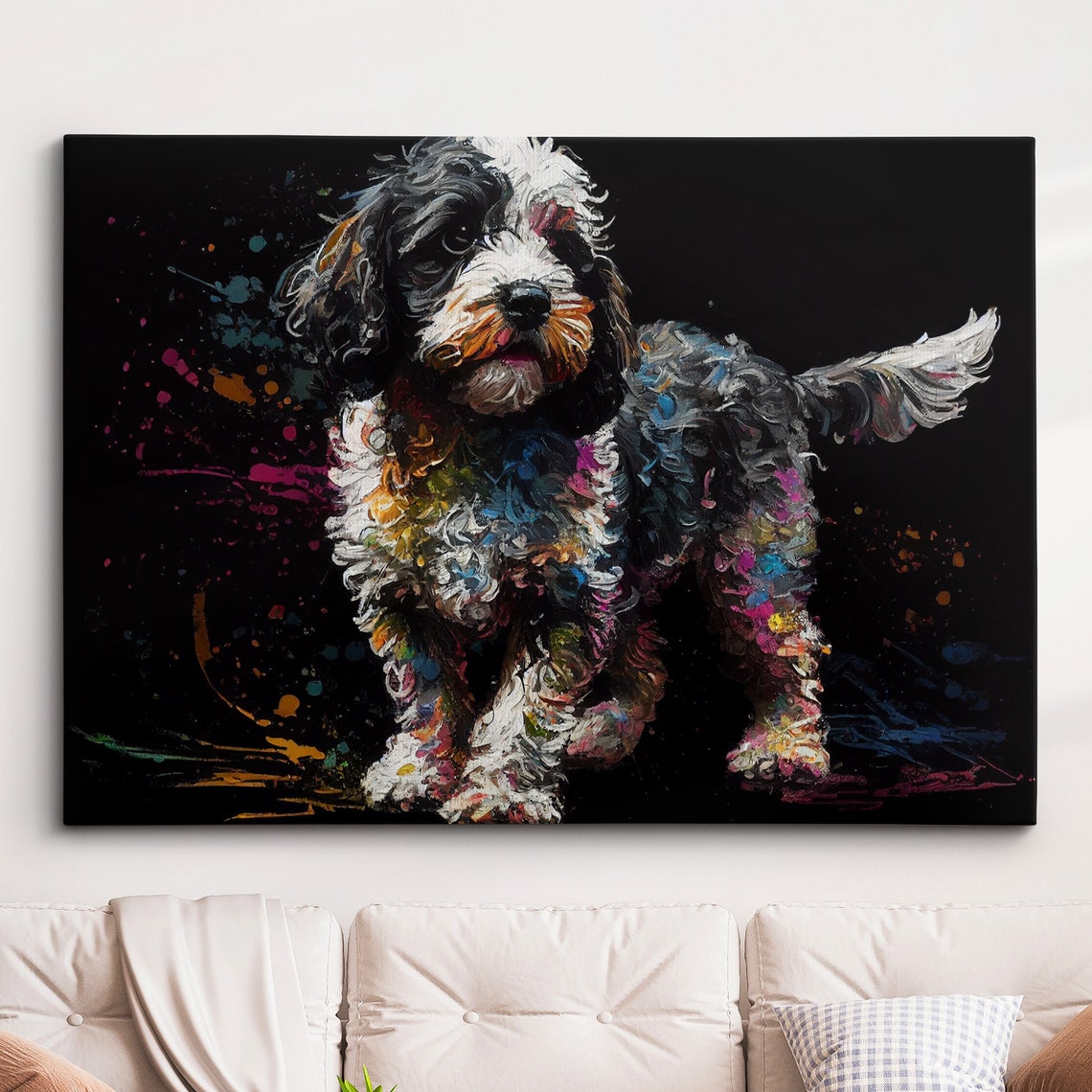 Cockapoo Dog Rainbow Splash Abstract Black Background Poster