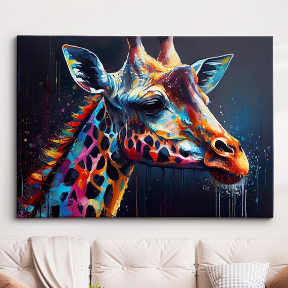 Colorful Giraffe Abstract Oil Painting Splatter Style Wall Art Framed Canvas Poster Print Home Kitchen Office Room Decor Gifts