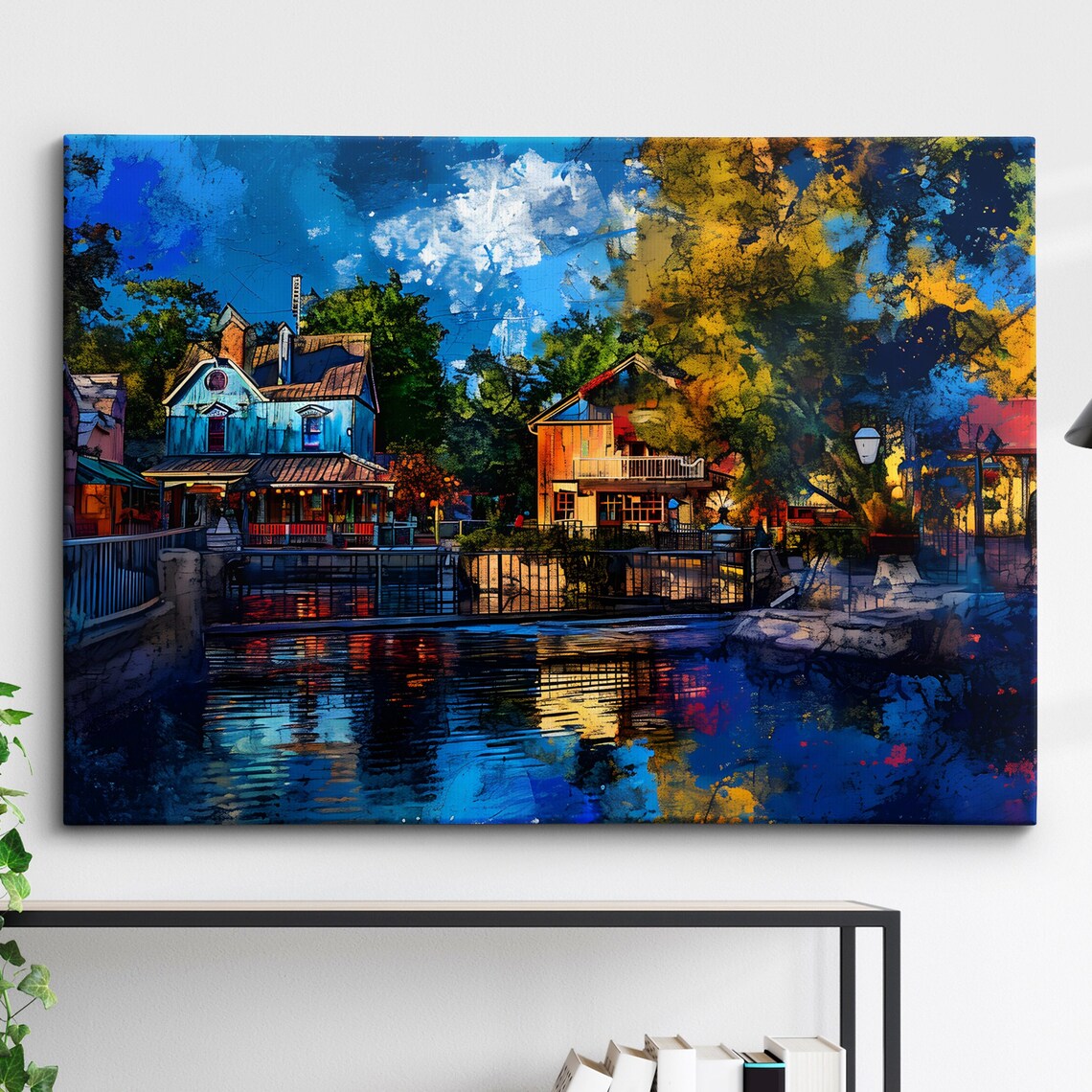 Riverside Village at Dusk Colorful Houses Water Reflection Poster