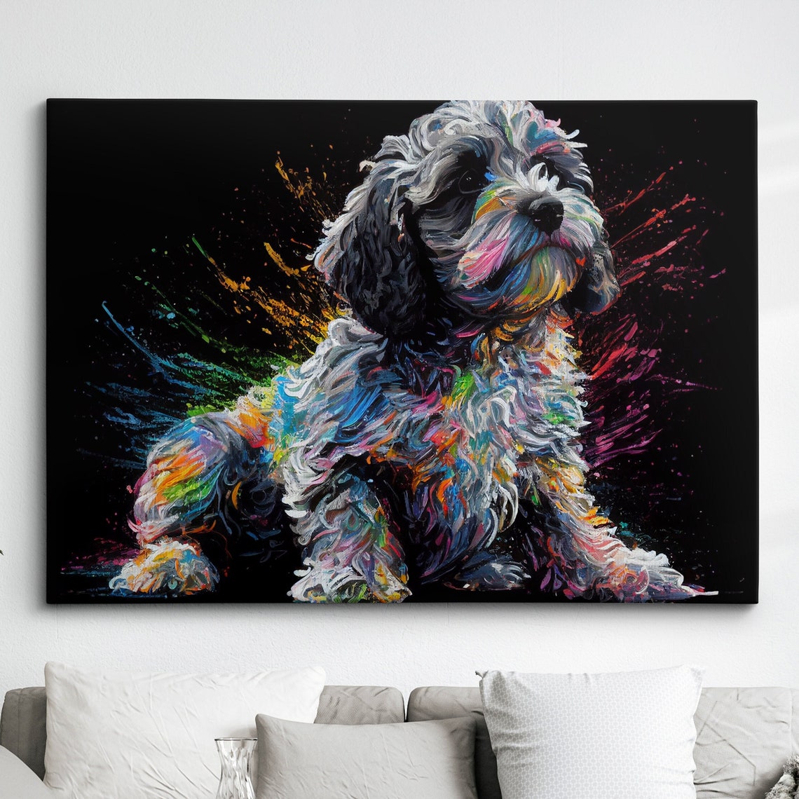 Cockapoo Puppy Multicolor Paint Splash Sitting Portrait Dog Poster