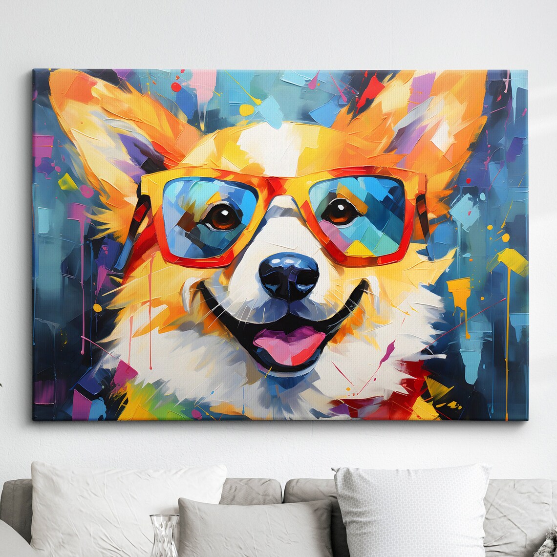 Happy Corgi Dog in Sunglasses Colorful Abstract Painting Poster
