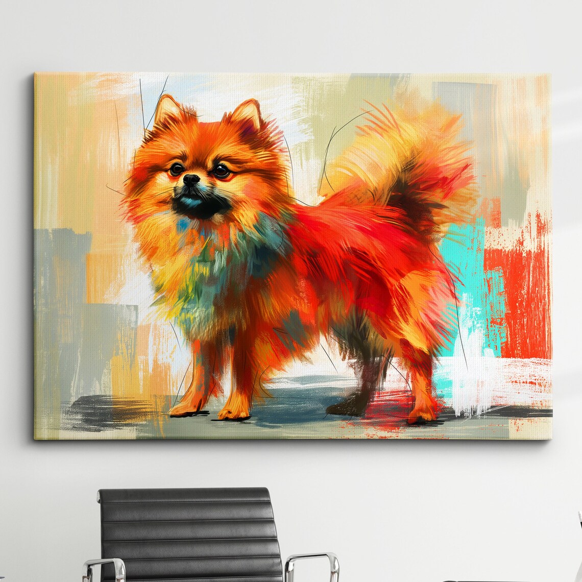 Orange Pomeranian Portrait Teal and Red Abstract Dog Art Poster