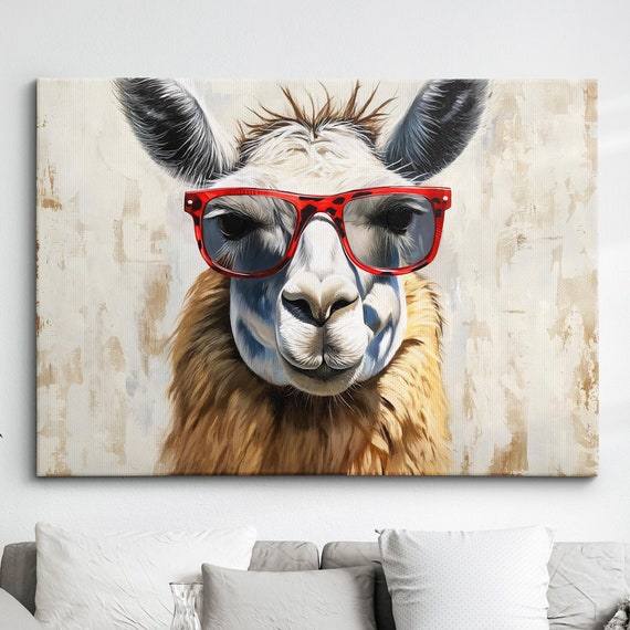 Colorful Llama Glasses Animal Abstract Oil Painting Paint Splatter Style Wall Art Framed Canvas Poster Print Home Living Room Decor Fun Gift