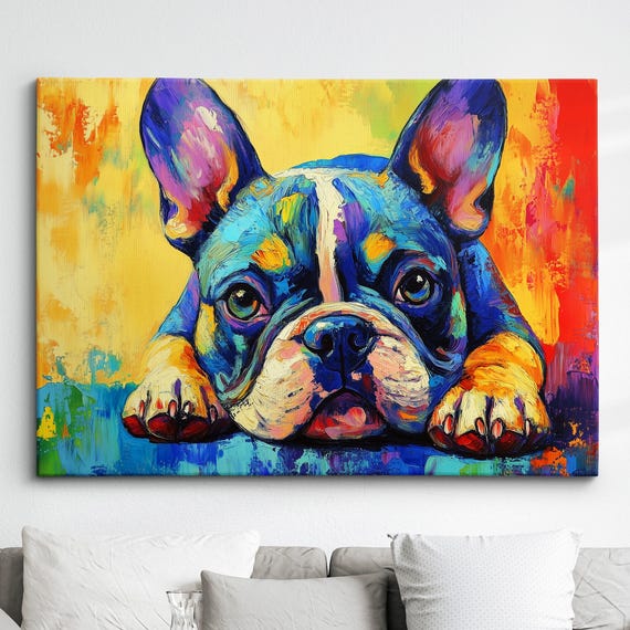 Colorful French Bulldog Abstract Modern Oil Painting Wall Art Framed Canvas Poster Print Home Kitchen Office Room Decor Dog Gift Ideas