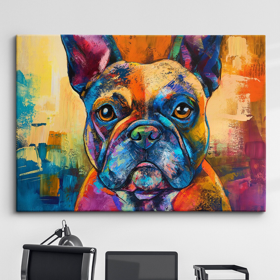 Colorful French Bulldog Portrait Blue Orange Pop Art Dog Poster
