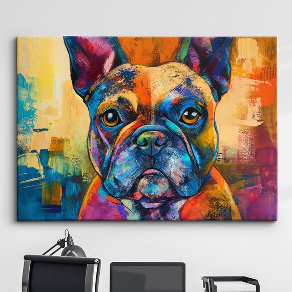 Colorful French Bulldog Abstract Modern Oil Painting Wall Art Framed Canvas Poster Print Home Kitchen Office Room Decor Dog Gift Ideas