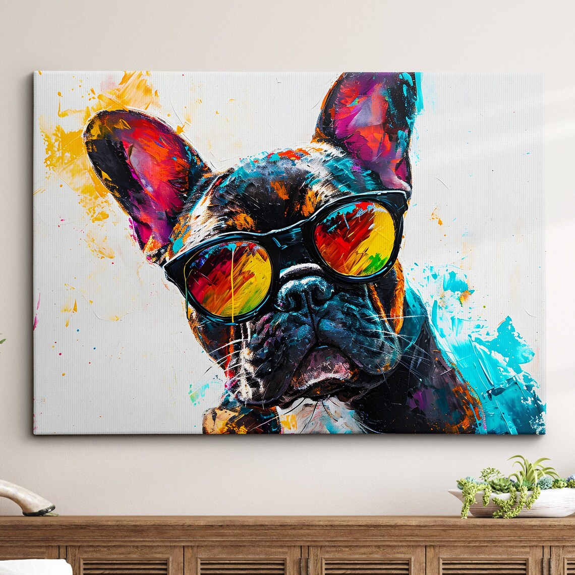 Cool French Bulldog in Sunglasses Colorful Splatter Dog Poster