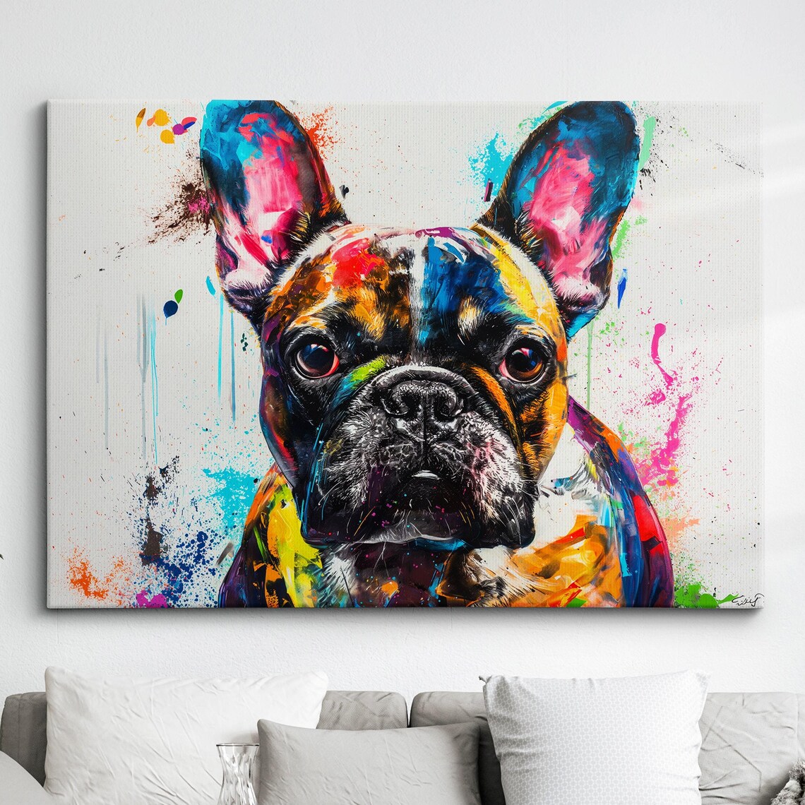 Colorful French Bulldog Dog Pet Abstract Modern Oil Painting Wall Art Framed Canvas Poster Print Home Kitchen Office Room Decor Gifts