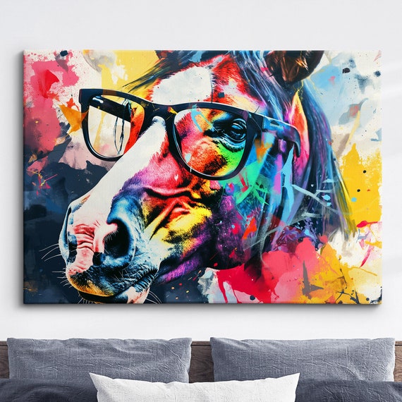 Colorful Horse With Glasses Animal Abstract Oil Painting Paint Splatter Wall Art Framed Canvas Poster Print Home Living Room Decor Gift