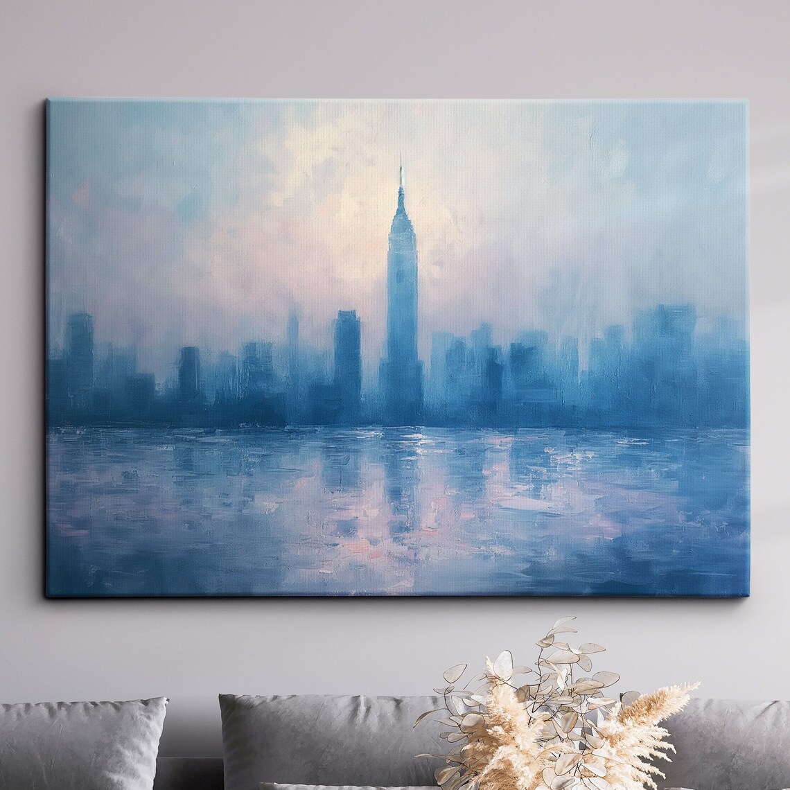 New York City Skyline Sunset America Landmark Oil Painting Style Wall Art Framed Calming Canvas Poster Print Homeoffice Room Decor Gifts