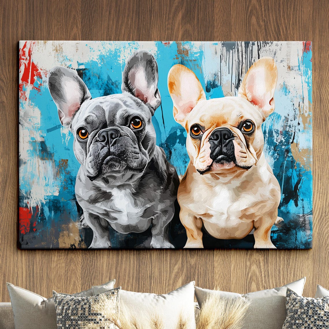 French Bulldog Pair Playful Pose Blue Red Abstract Canvas Poster