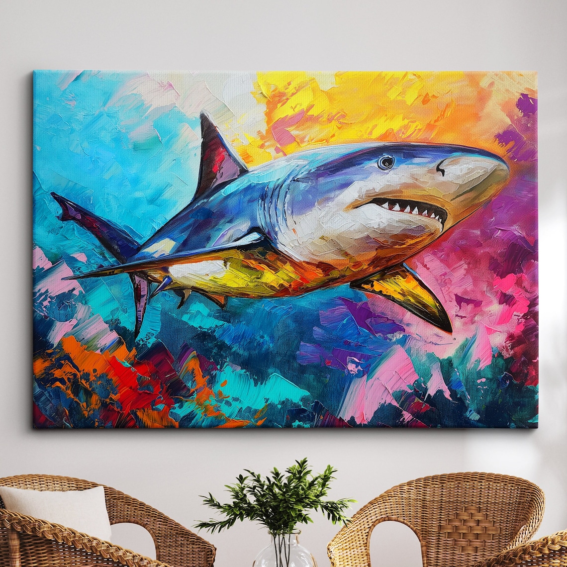 Colorful Shark Abstract Splash Paint Modern Ocean Art Poster