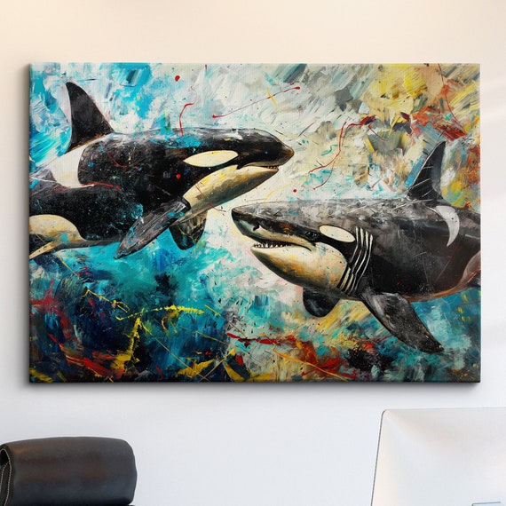 Vs Orca Sea Animal Abstract Oil Painting Colourful Paint Splatter Style Wall Art Framed Canvas Poster Print Homeoffice Room Decor