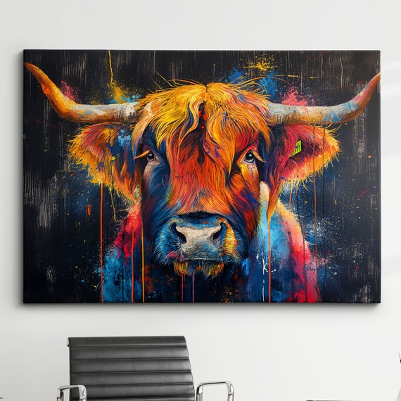 Highland Scottish Cow Painting Colouful Abstract Modern Wall Art Framed Canvas Poster Print Homeoffice Room Decor Gifts
