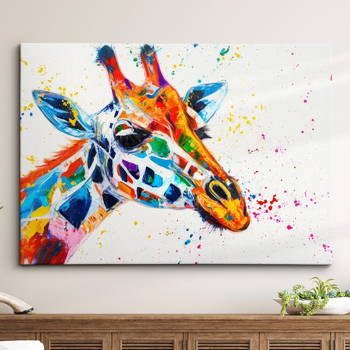 Colorful Giraffe Head Portrait Abstract Paint Splatter Art Poster