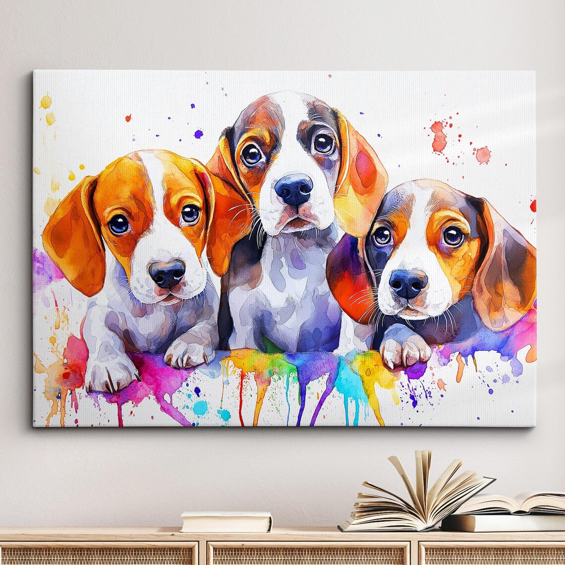 Three Beagle Puppies Rainbow Watercolor Splash Adorable Dog Wall Art