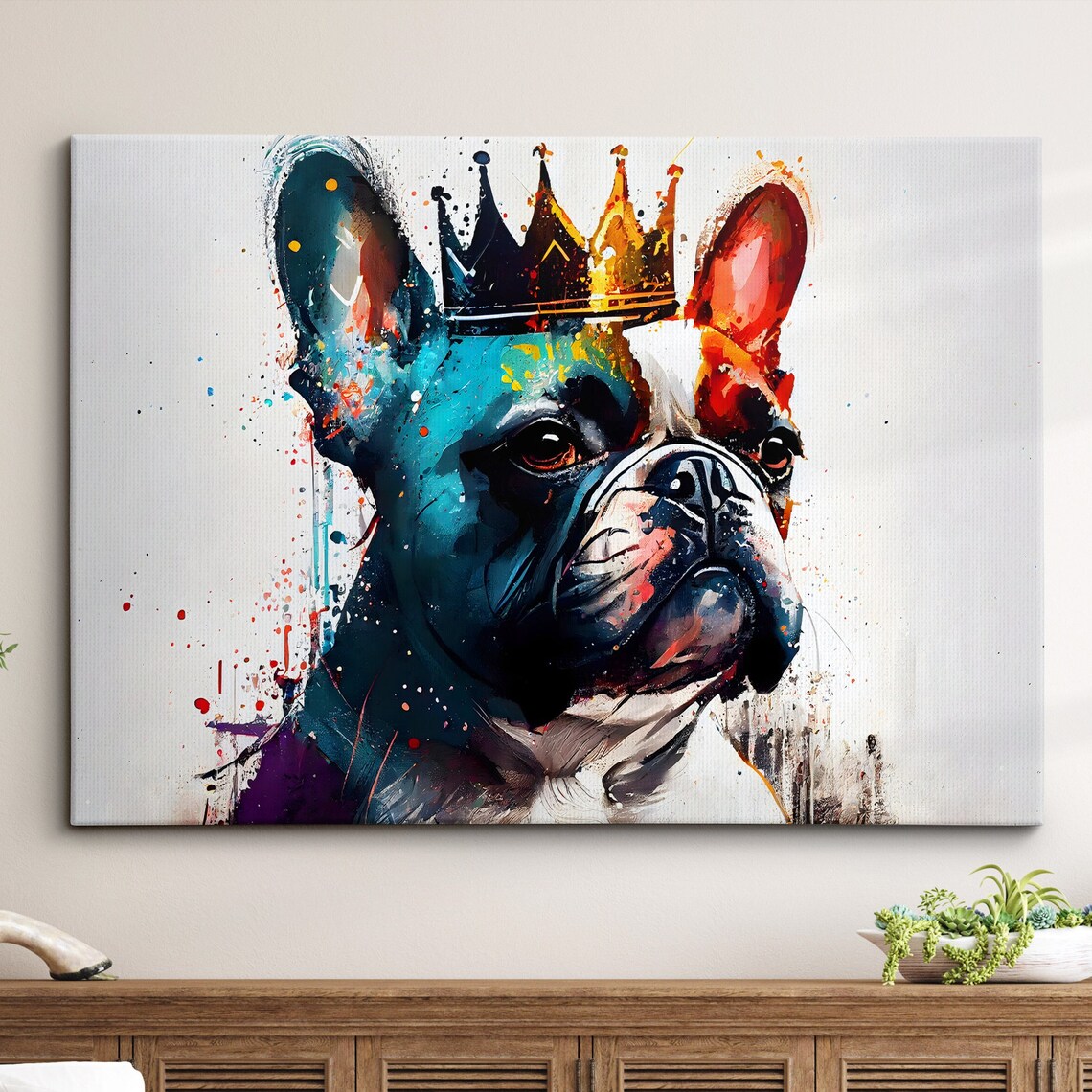 French Bulldog Wearing Crown Colorful Paint Splash Dog Art Poster