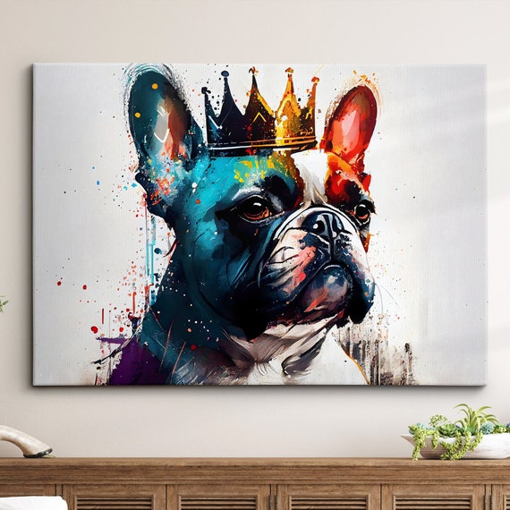 French Bulldog With Crown Dog Pet Abstract Modern Painting Wall Art Framed Canvas Poster Print Home Kitchen Office Room Decor Gifts