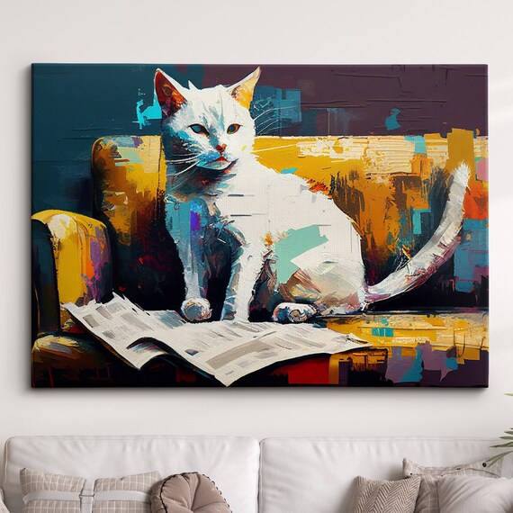 White Cat Reading Newspaper in a Colorful Abstract Art Poster