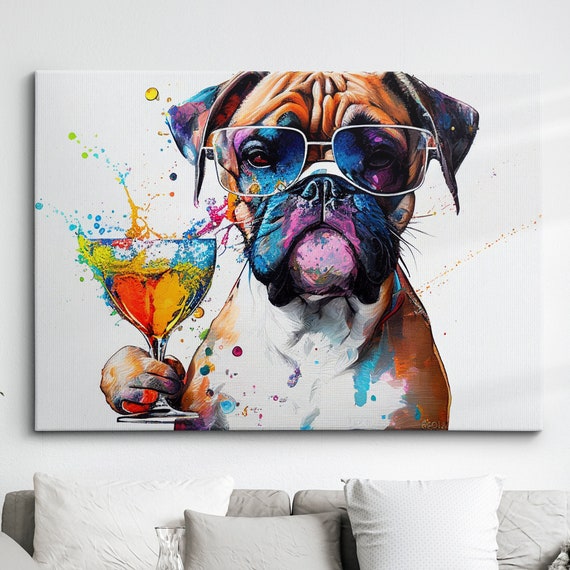 Boxer With Wine Glass Dog Pet Abstract Modern Painting Wall Art Framed Canvas Poster Print Home Kitchen Office Room Decor Gifts