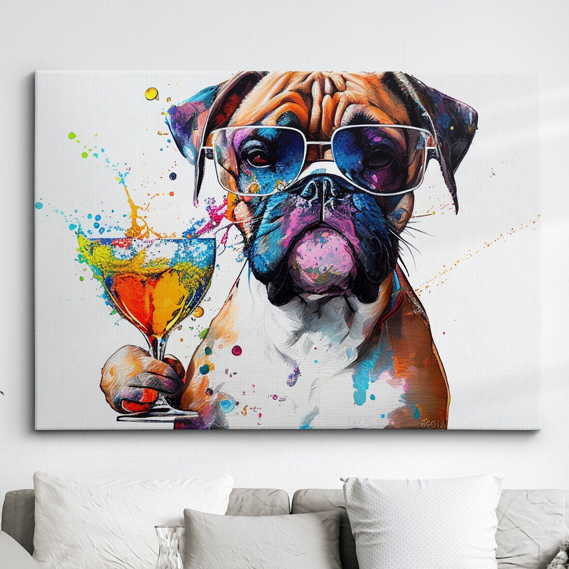 Cool Boxer Dog in Sunglasses Holding Wine Glass Funny Art Poster
