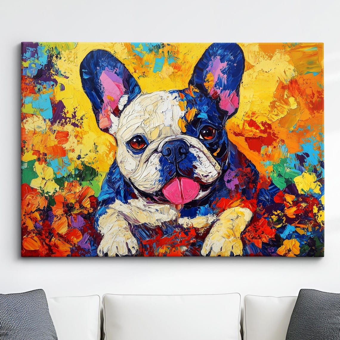 Colorful French Bulldog Abstract Modern Floral Oil Painting Wall Art Framed Canvas Poster Print Home Kitchen Office Room Decor Dog Gifts