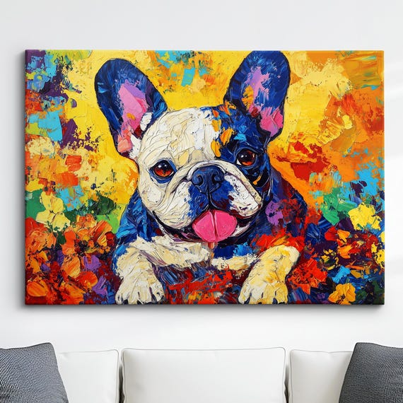Colorful French Bulldog Abstract Modern Floral Oil Painting Wall Art Framed Canvas Poster Print Home Kitchen Office Room Decor Dog Gifts