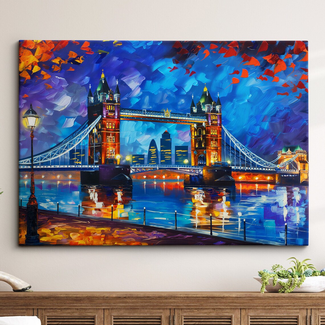 Tower Bridge London Night City Lights Oil Painting Style Poster