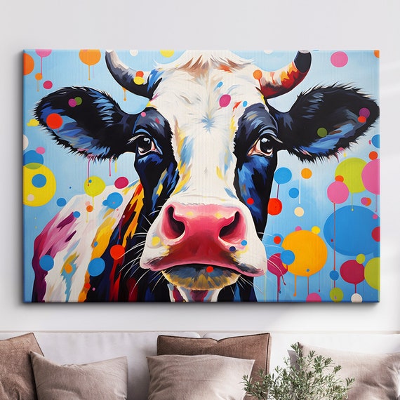 Colorful Cow Wild Animal Abstract Oil Painting Paint Splatter Style Wall Art Framed Canvas Poster Print Home Living Room Decor Fun Gift