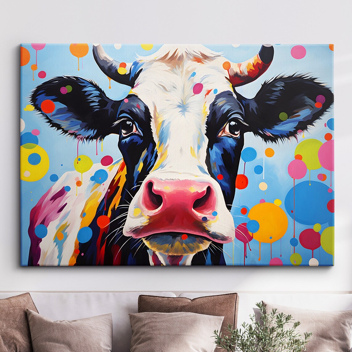Playful Cow Face Close Up Colorful Splatter Painting Wall Art