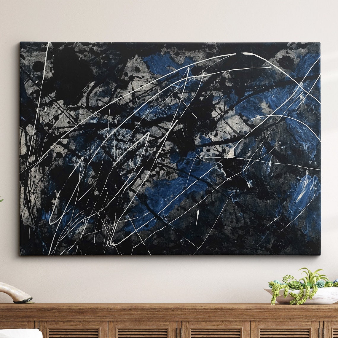 Black Navy Abstract Splatter White Streaks Moody Dramatic Wall Art