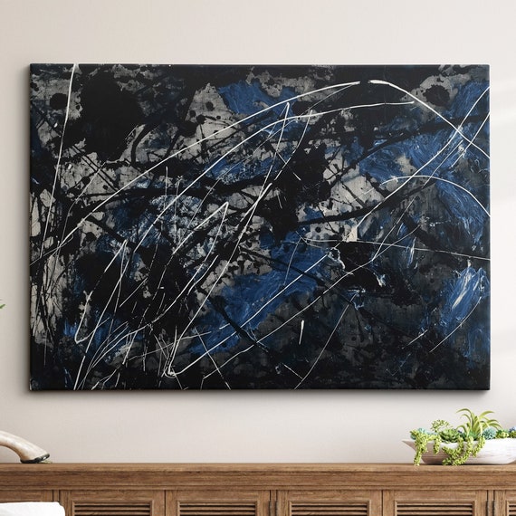 Modern Abstract Black Blue Free Form Exhibition Oil Painting Wall Art Framed Canvas Poster Print Home Living Room Decor