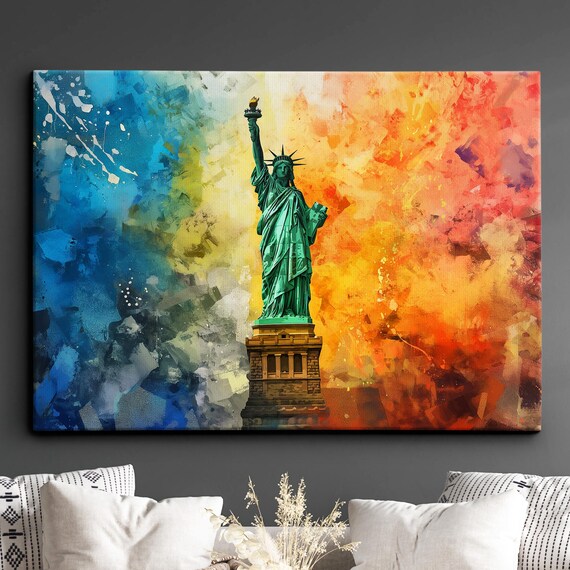 Statue of Liberty Green Splash Color Watercolor Painting Poster