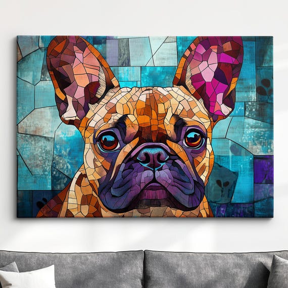 French Bulldog Stain Glass Window Painting Dog Pet Abstract Modern Oil Wall Art Framed Canvas Poster Print Home Kitchen Office Room Decor