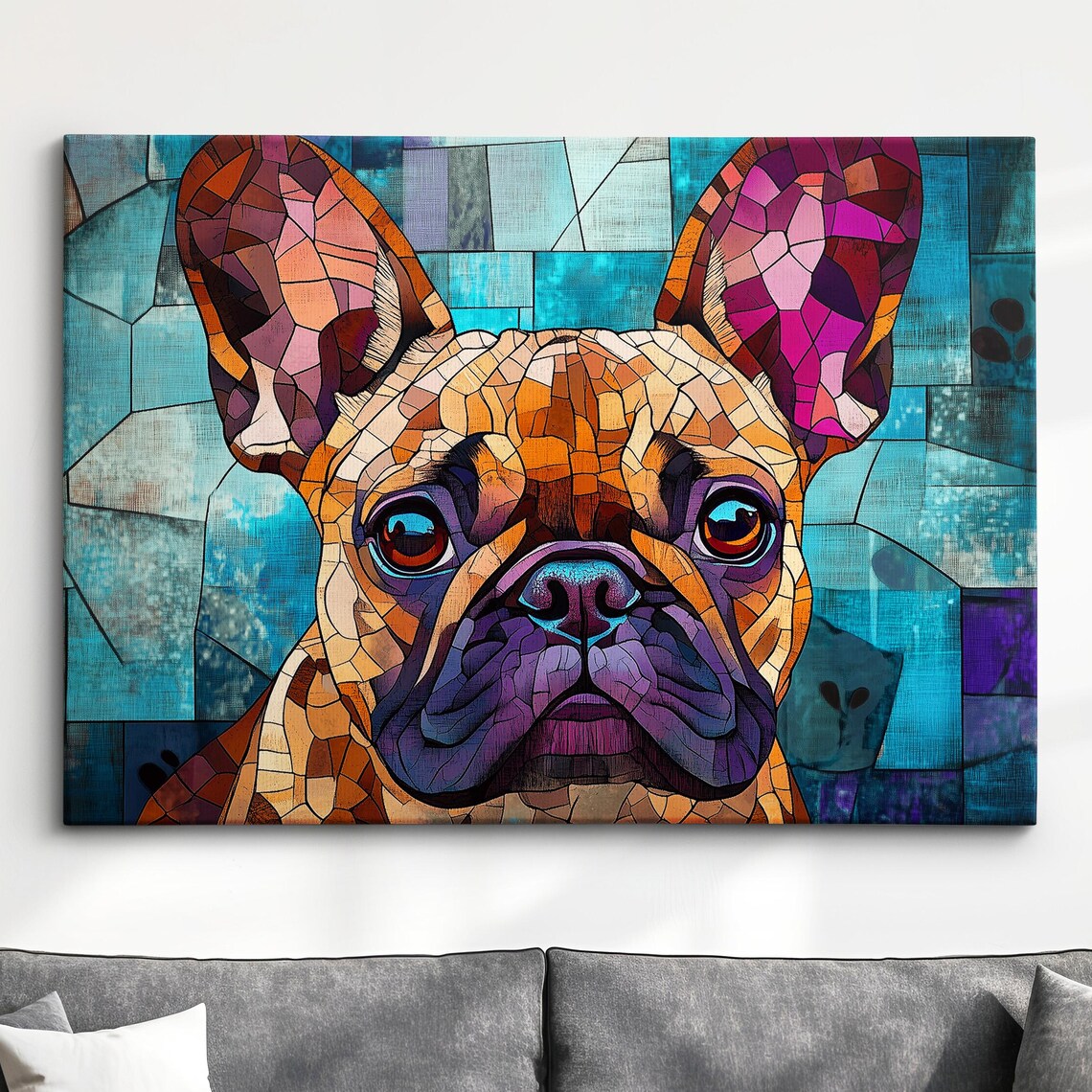 Cool French Bulldog Teal Stained Glass Close Up Mosaic Poster